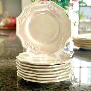 Set of 4 Italian Luncheon Plates  White Iridescent Pearlized Scalloped Edges